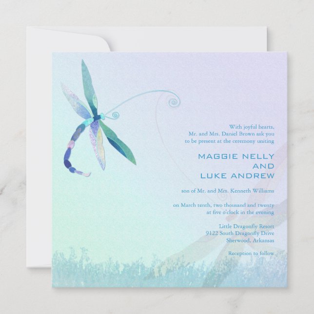 Convite Casamento com Dragonfly Azul de Manhã Preguiçosa (Frente)