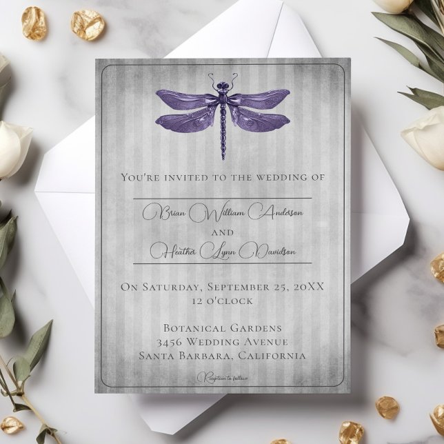 Convite Casamento com Dragonfly Roxo (Purple Jeweled Dragonfly Wedding Invitation)
