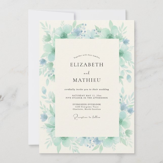 Convite Casamento com Efeito de Aquarela em Azul- Verde Né (Frente)