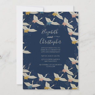 Convite Casamento com Elegante Azul De Vintage Cranes