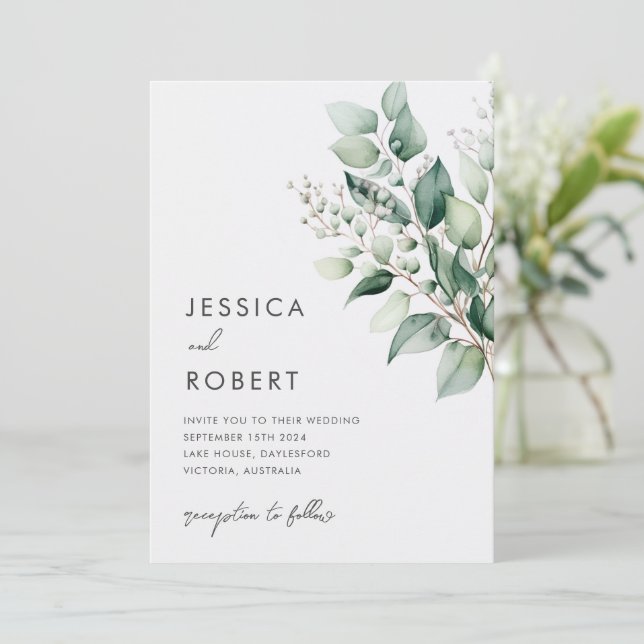 Convite Casamento com Elegante Minimalismo de Eucalipto Ve (Em pé/Frente)