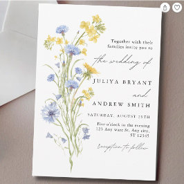 Convite Casamento com escrita floral azul e amarelo