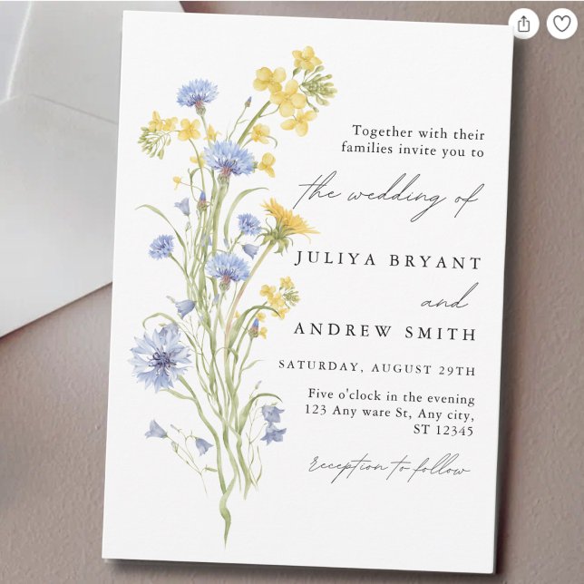 Convite Casamento com escrita floral azul e amarelo  (Criador carregado)