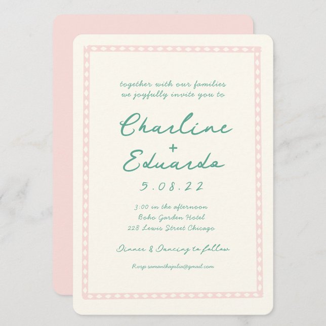 Convite Casamento com Escrita Manual Retro Rosa e Verde (Criador carregado)