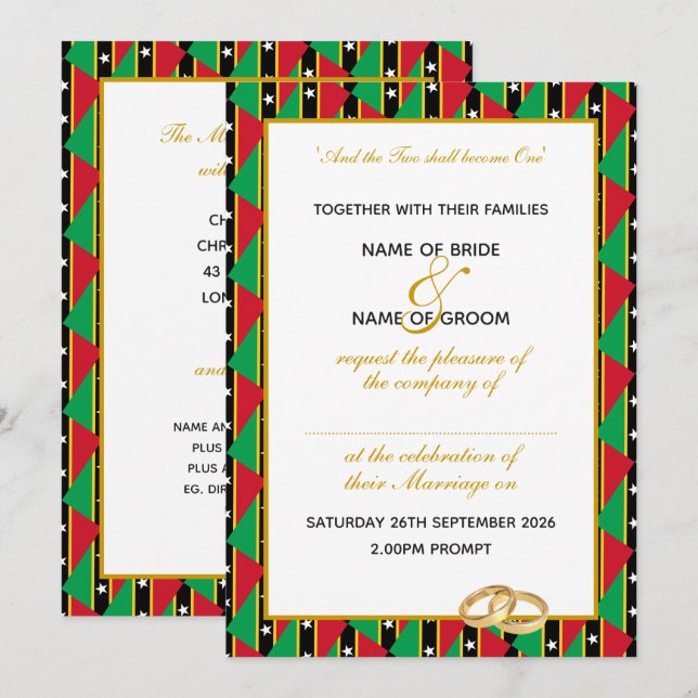 Convite Casamento com Escritura Cristã Dourada de ST KITTS (Frente/Verso)