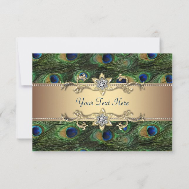 Convite Casamento com Esmeralda Verde Dourado Real Pavão I (Frente)