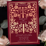 Convite Casamento com Espadas Douradas da Rosa Real Vermel<br><div class="desc">Entra num conto de romance e lenda! Estes convites de casamento de fantasia medieval apresentam uma espada real entrelaçada com rosa dourado floral num pano vermelho rico. São perfeitos para casais que buscam um toque encantador e eterno para seu dia especial. Note que o rosa nestes convites NÃO é impresso...</div>