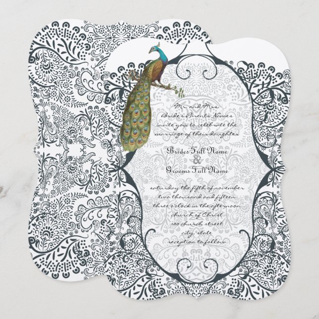Convite Casamento com Estampa de Pássaro de Amor Pavão Cap (Frente/Verso)