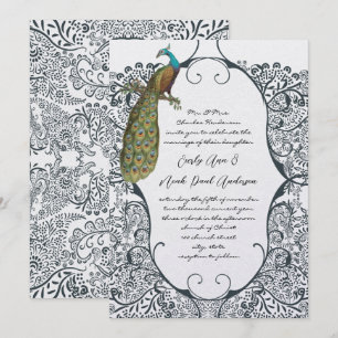 Convite Casamento com Estampa de Pavão Caprichoso em Azul