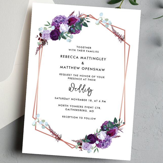 Convite Casamento com Estilo Botânico Roxo Floral (Purple Floral Geometric Script Wedding Invitation)