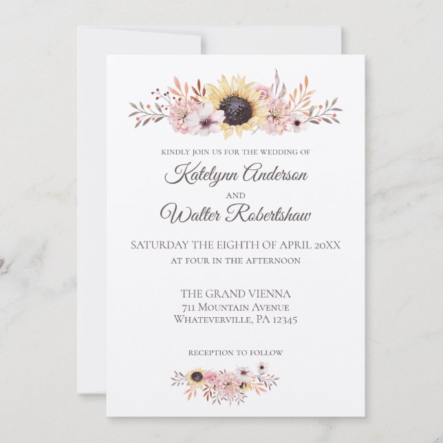 Convite Casamento com Estilo de País do Buquê de Girassol (Frente)