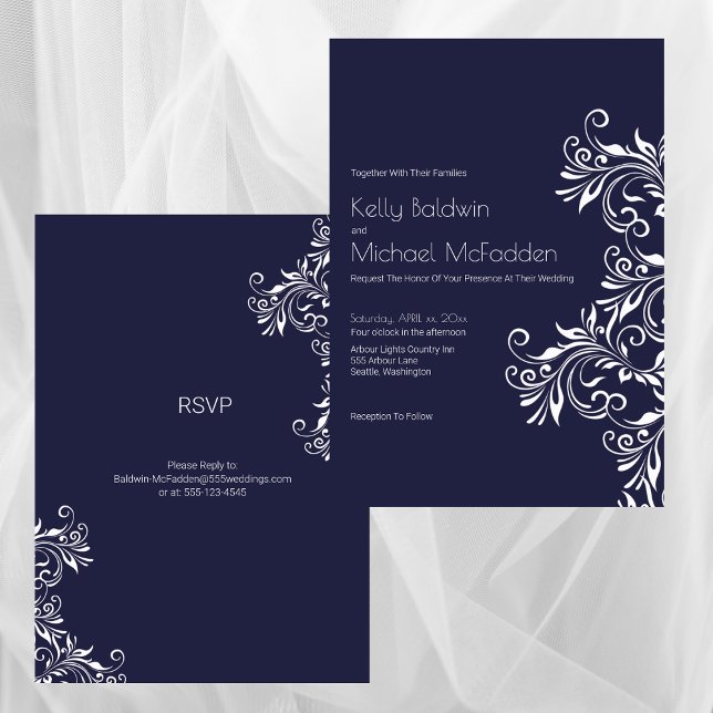 Convite Casamento com Estilo Elegante Azul Marinho e Branc (Navy and White Elegant Style Wedding Invitation)