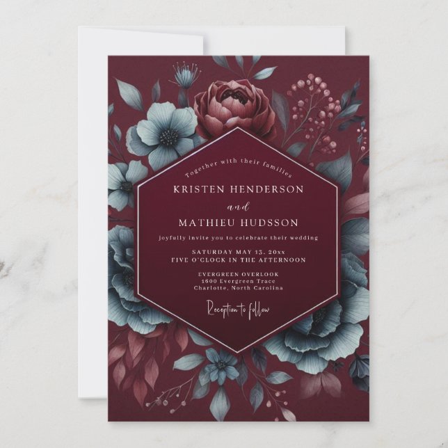 Convite Casamento com Estilo Floral Borgonha (Frente)