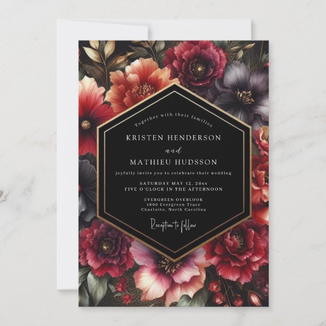 Convite Casamento com Estilo Floral Borgonha (Frente)