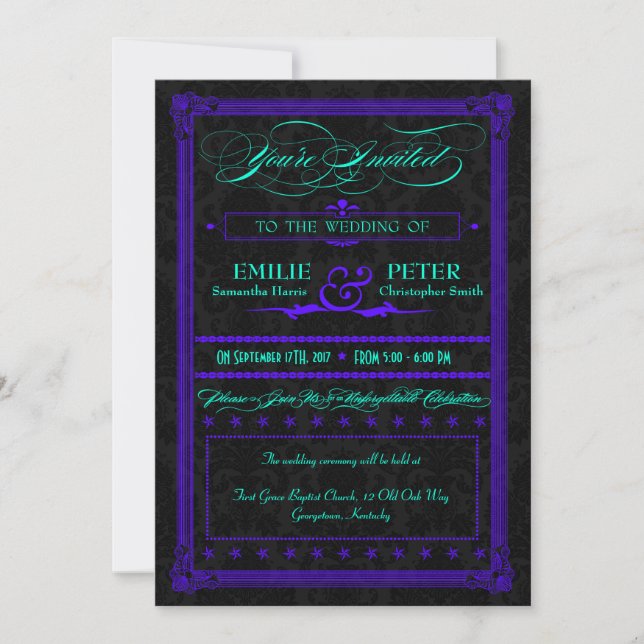 Convite Casamento com Estilo Poster Roxo e Teal Elétrico (Frente)