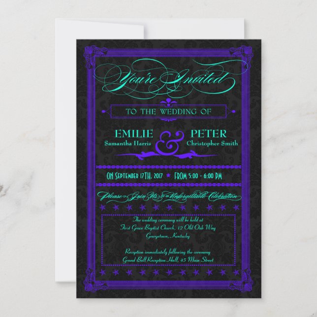 Convite Casamento com Estilo Poster Roxo e Teal Elétrico (Frente)