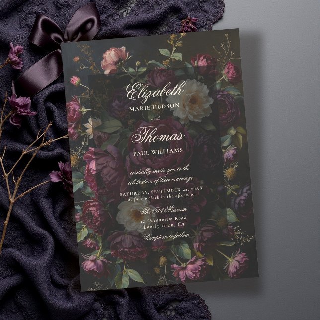Convite Casamento com Estilo Romântico Obscuro Floral Borg (moody dark wedding invitation romantic gothic romance black painterly elegant modern)
