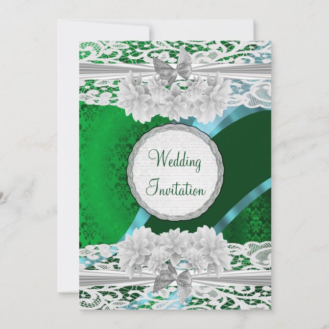 Convite Casamento com estilo vintel branco e damasco verde (Verso)