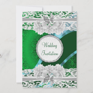 Convite Casamento com estilo vintel branco e damasco verde
