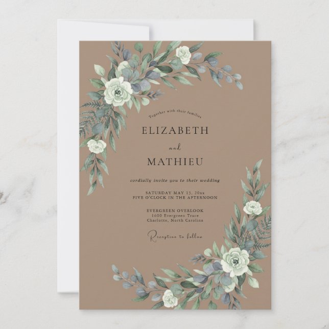 Convite Casamento com Eucalipto Ardósia Bege (Frente)