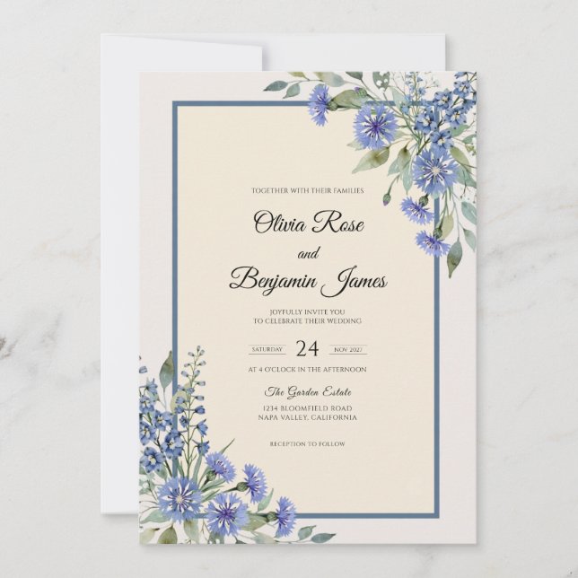 Convite Casamento com Eucalipto Cornflower Azul (Frente)
