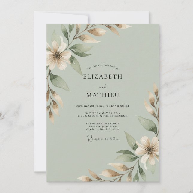Convite Casamento com Eucalipto de Galho de Sage Cream (Frente)