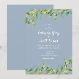Convite Casamento com Eucalipto em Aquarela Azul Desbotado