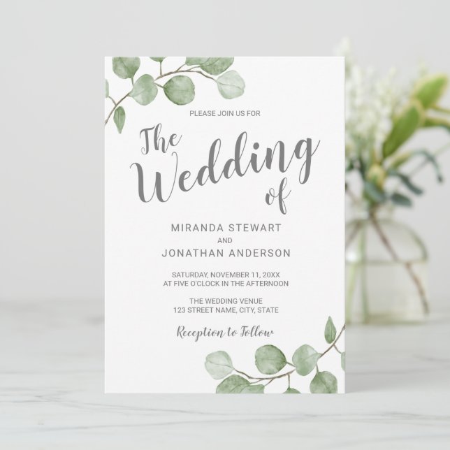 Convite Casamento com Eucalipto em Aquarela Verde (Em pé/Frente)
