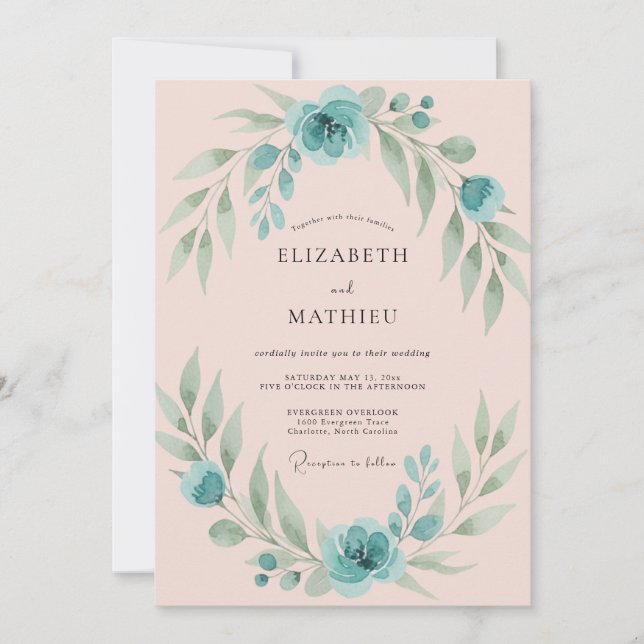 Convite Casamento com Eucalipto em Folhagem Aqua Blush (Frente)