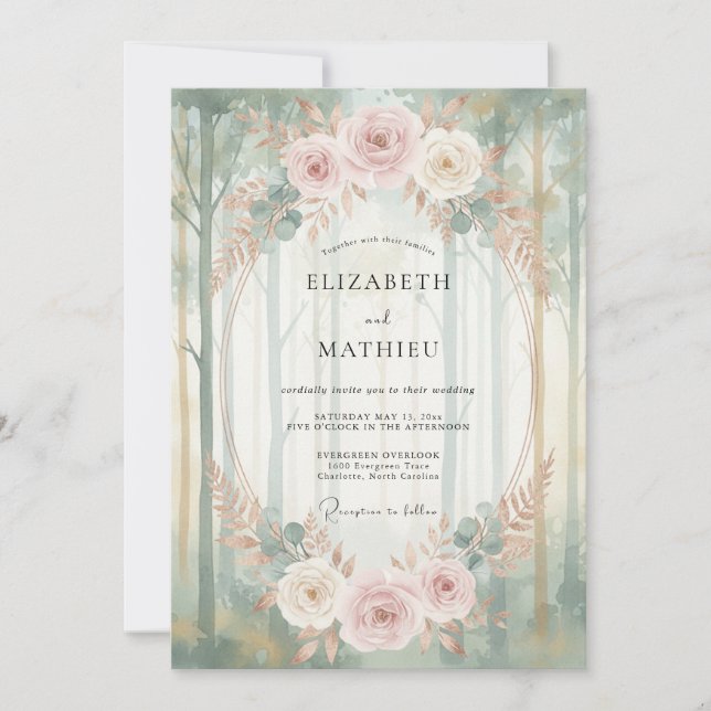 Convite Casamento com Eucalipto Floresta Menta Blush (Frente)