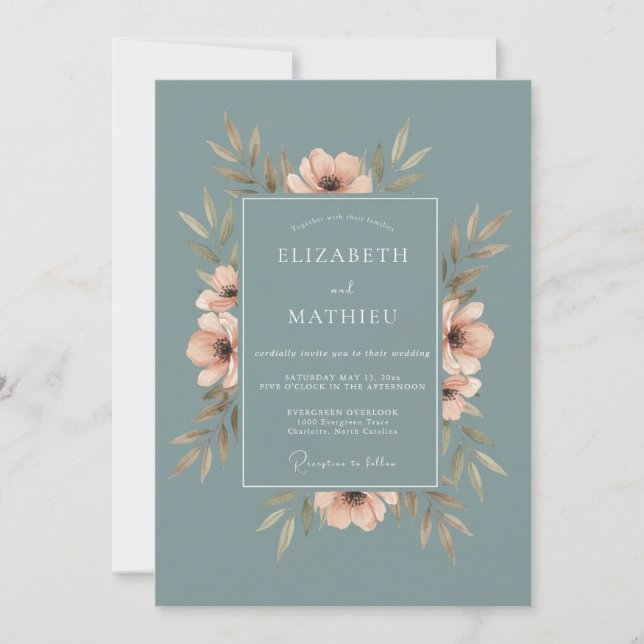 Convite Casamento com Eucalipto Folhagem Aço Pêssego (Frente)