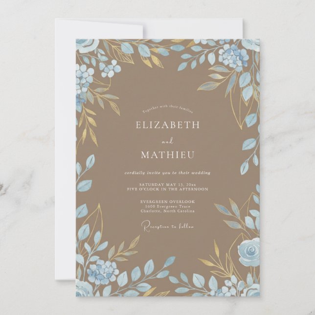 Convite Casamento com Eucalipto Folhagem Azul Toupeira (Frente)