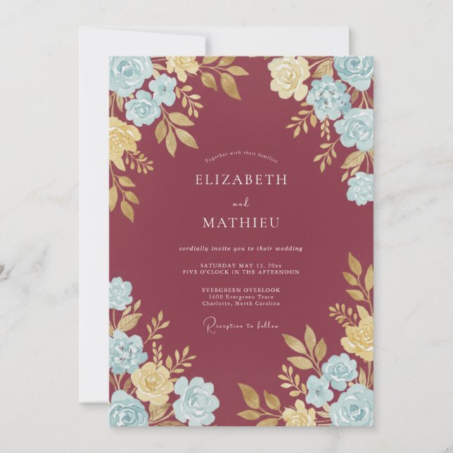 Convite Casamento com Eucalipto Folhagem Champanhe Bege (Frente)