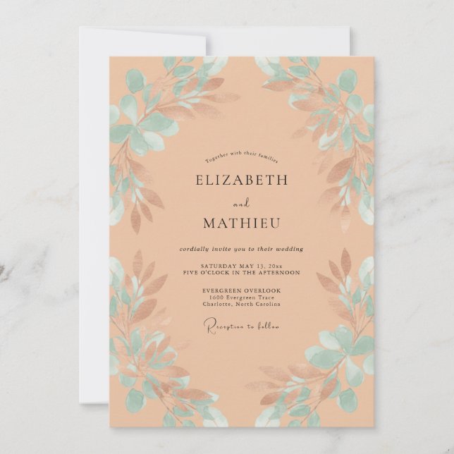 Convite Casamento com Eucalipto Folhagem Damasco Espuma do (Frente)