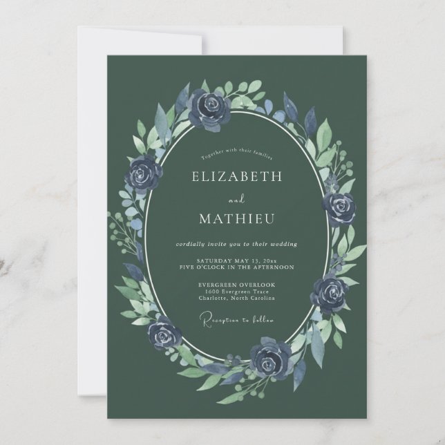 Convite Casamento com Eucalipto Folhagem Oliva Índigo (Frente)