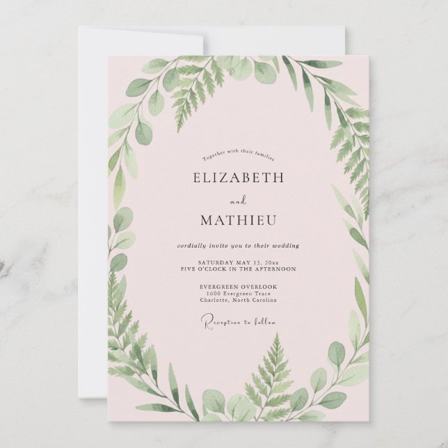 Convite Casamento com Eucalipto Folhagem Oliva Rubor (Frente)