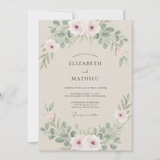 Convite Casamento com Eucalipto Folhagem Sage Blush (Frente)