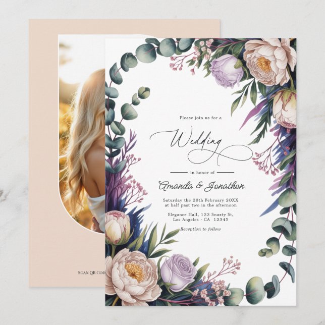 Convite Casamento com Eucalipto, Lavanda e Champagne Blush (Frente/Verso)