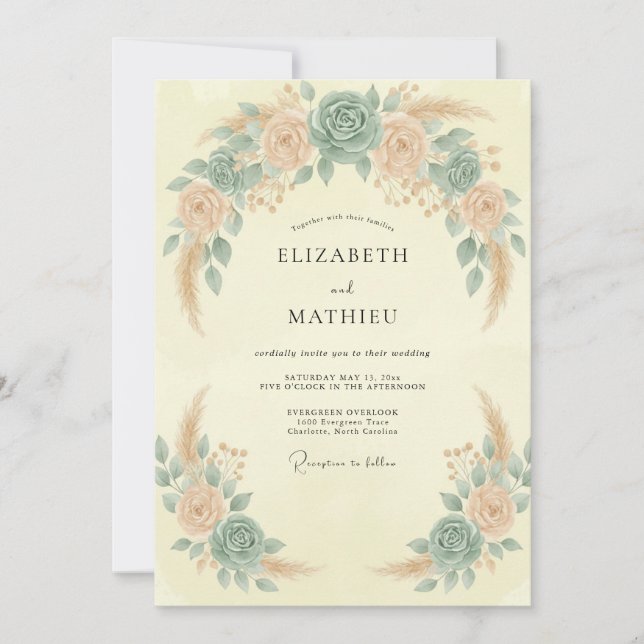 Convite Casamento com Eucalipto Pampas Apricot Seafoam (Frente)