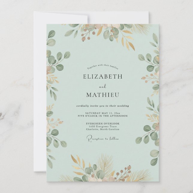 Convite Casamento com Eucalipto Pêssego Espuma do Mar (Frente)