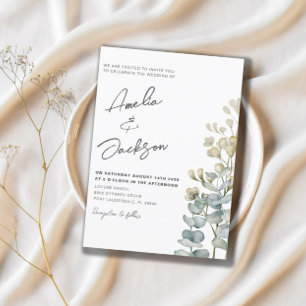 Convite Casamento com Eucalipto Verde Água em Aquarela Rús