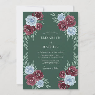 Convite Casamento com Explosão Floral Azul Borgonha