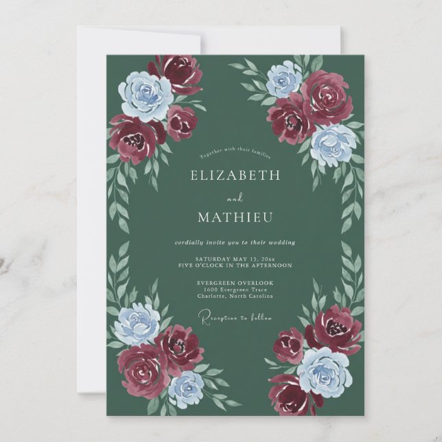 Convite Casamento com Explosão Floral Azul Borgonha (Frente)