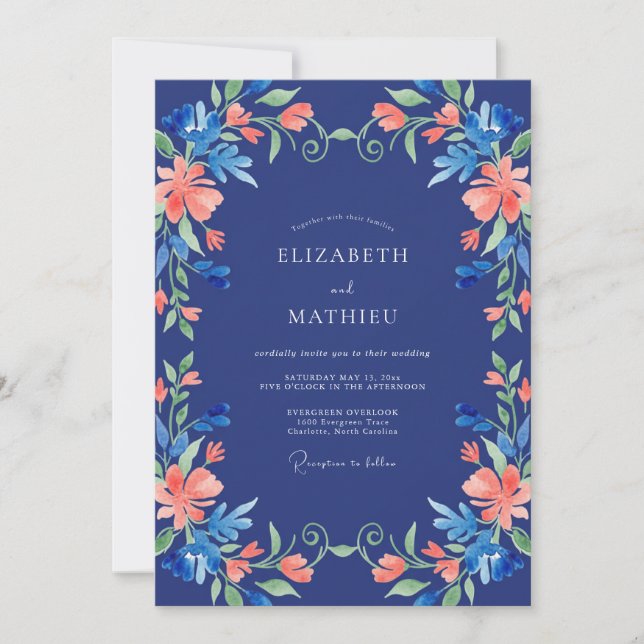 Convite Casamento com Explosão Floral Azul Marinho (Frente)