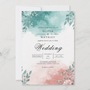 Convite Casamento com Explosão Floral Coral Teal