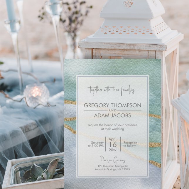 Convite Casamento com Falhas Douradas de Cor de Água Moder (Criador carregado)