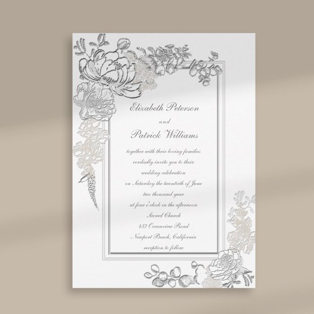 Convite Casamento com Faux Embossed Peony Ivory Calliograf (peony wedding invitation floral double frame formal traditional elegant calligraphy ivory classic)