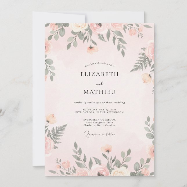 Convite Casamento com Fetos e Tons de Pêssego e Salvia (Frente)