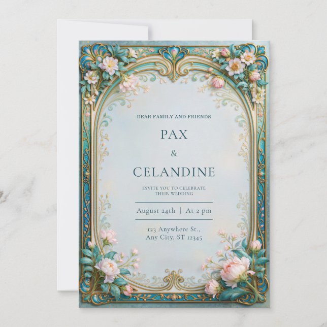 Convite Casamento com Filigrana de Peônia Rosa Teal (Frente)