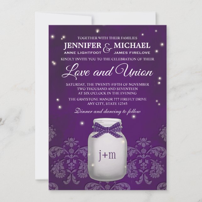 Convite Casamento com Fireflies Mason Jar (Frente)